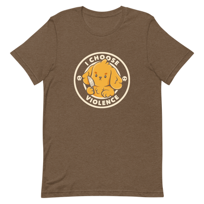 A cute yellow cartoon dog holds a small knife, surrounded by a circular logo that reads 'I Choose Violence'. The dog's expression is serious, yet the overall style is playful and cute. Two small skull icons are on either side, adding an ironic tone to the cheerful design.