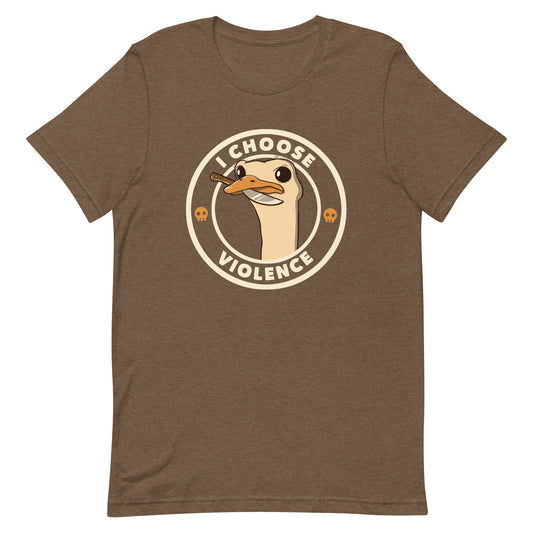 A cartoonish emu with large, expressive eyes holds a knife in its beak, suggesting a humorous and ironic menacing look. The image is framed by two circles, with the text 'I CHOOSE VIOLENCE' around the inner circle. Two small skull icons are placed on either side below the text.
