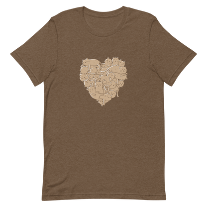 The image showcases an anatomical heart shape filled with numerous small, simple, and cute cartoon-like cat illustrations in a light brown tone. The overall style is whimsical and playful, combining elements of illustration and pop culture art.
