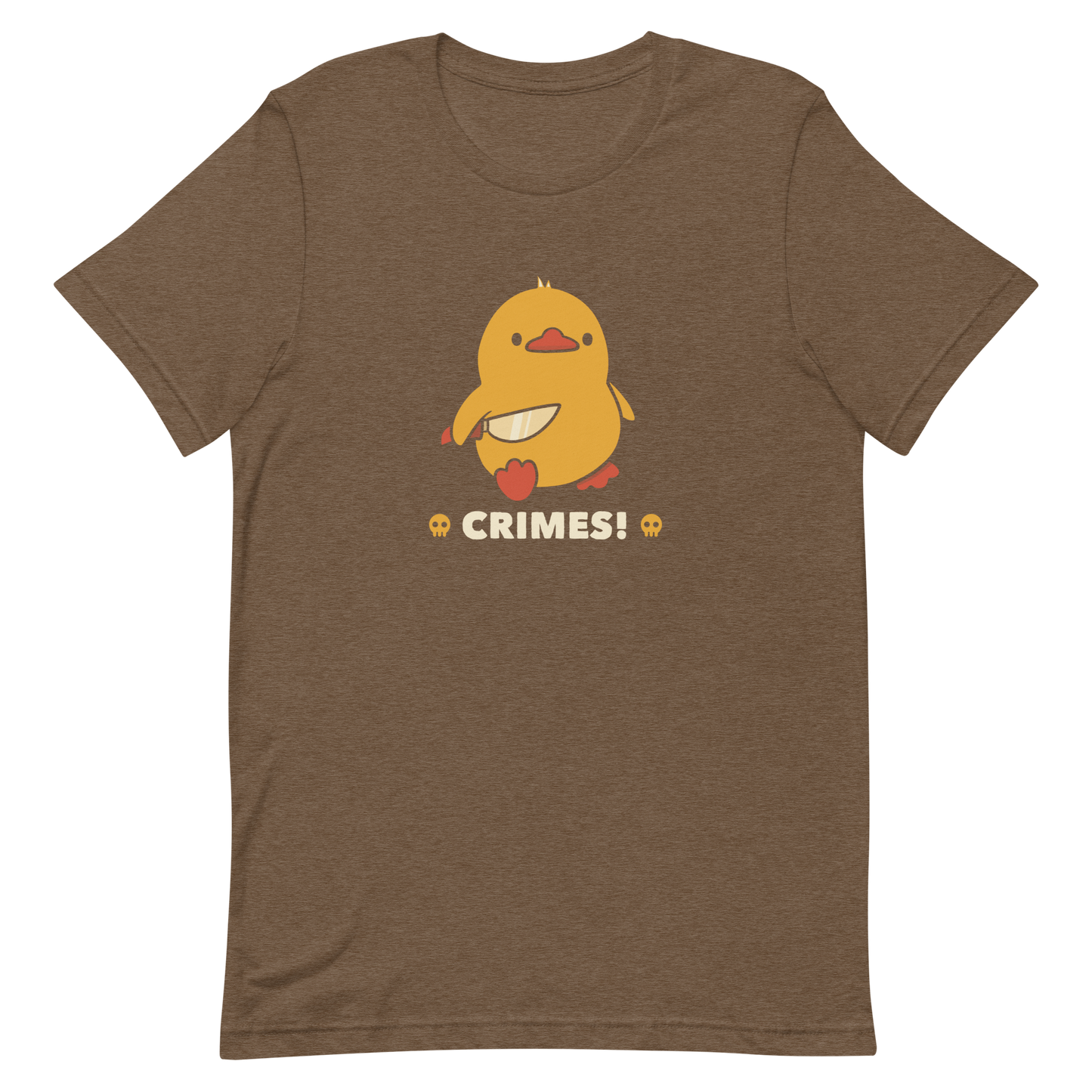 A cute yellow duck holding a small knife, with the text "Crimes" below it. This artwork blends humor with the ducks' temperament.