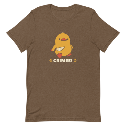 A cute yellow duck holding a small knife, with the text "Crimes" below it. This artwork blends humor with the ducks' temperament.