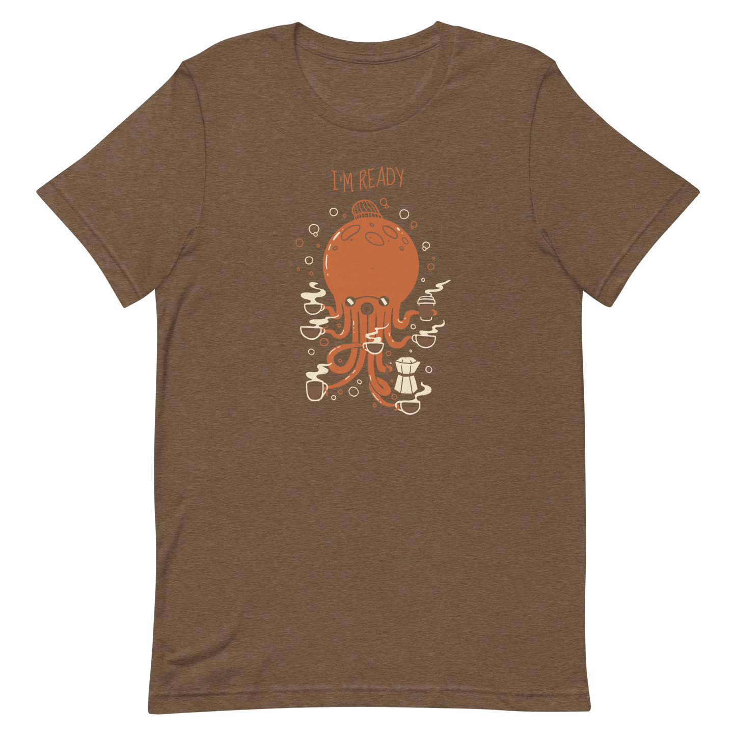 An orange octopus wearing a cap, balancing several cups of steaming coffee on its tentacles. This design blends the marine world with a passion for coffee, creating a fun and energetic scene. Ideal for coffee lovers, fans of funny illustrations, and anyone who needs a stylish morning pick-me-up.
