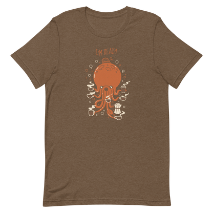 An orange octopus wearing a cap, balancing several cups of steaming coffee on its tentacles. This design blends the marine world with a passion for coffee, creating a fun and energetic scene. Ideal for coffee lovers, fans of funny illustrations, and anyone who needs a stylish morning pick-me-up.