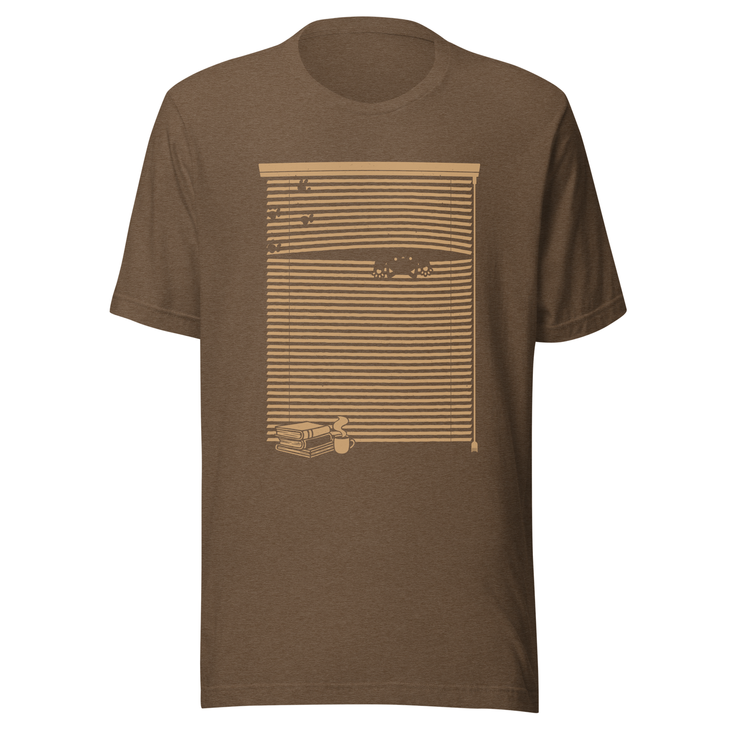 A Venetian blind with a stack of books in front of it and a small black cat peeking through a gap as if spying on the outside world. A charming and playful piece of art, perfect for cat owners, book lovers, and anyone who enjoys cozy, whimsical illustrations.