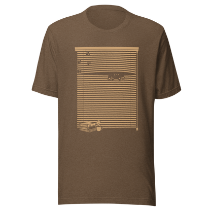 A Venetian blind with a stack of books in front of it and a small black cat peeking through a gap as if spying on the outside world. A charming and playful piece of art, perfect for cat owners, book lovers, and anyone who enjoys cozy, whimsical illustrations.