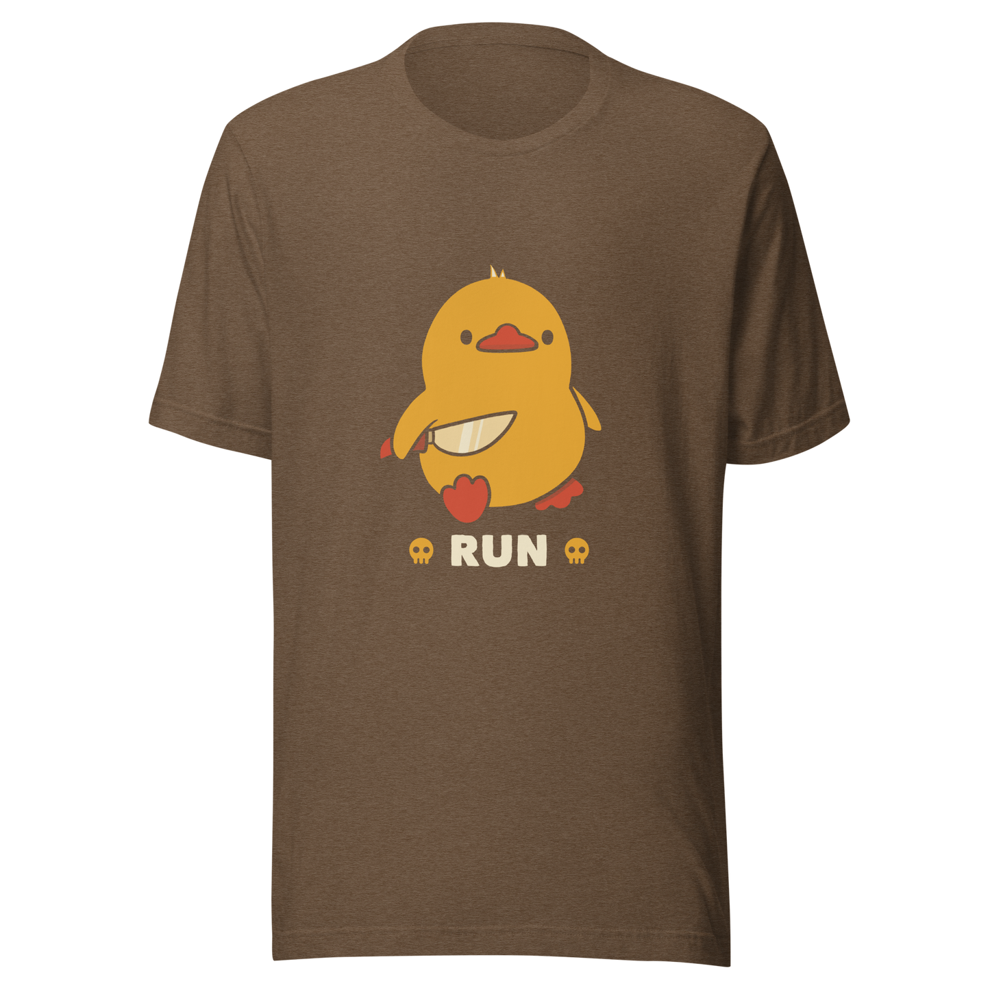 A cute yellow duck holding a small knife, with the text "Run" below it. This artwork blends humor with the ducks temperament.