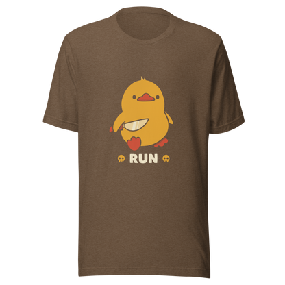 A cute yellow duck holding a small knife, with the text "Run" below it. This artwork blends humor with the ducks temperament.