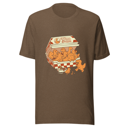 A box with the "Dino Nuggets" logo filled with crispy, golden nuggets shaped like various dinosaurs and a chicken. This design blends humor and creativity in a playful take on this beloved snack. Perfect for pop culture fans, food lovers, or anyone looking for an original gift.