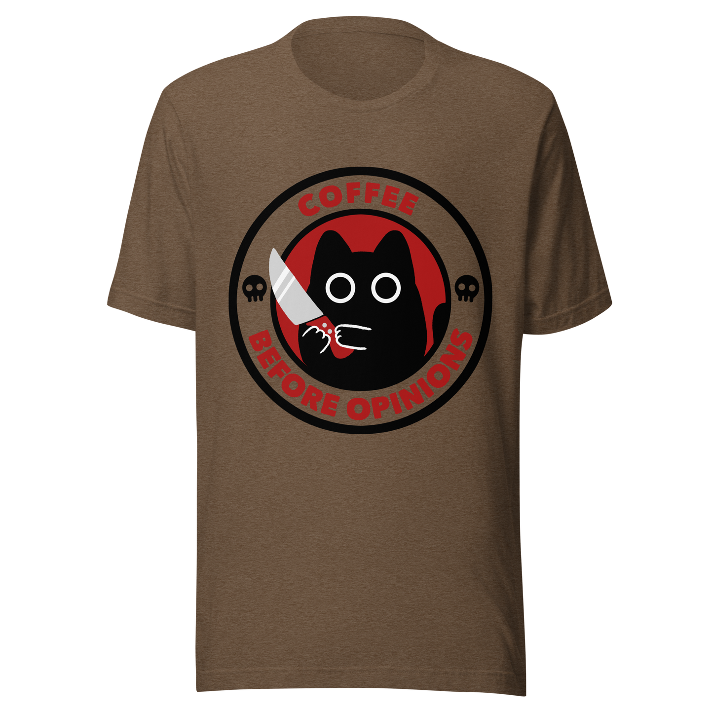 The illustration, in shades of red and black, features a wide-eyed black kitten holding a knife at the centre. Surrounding the cat is the phrase ‘Coffee Before Opinions’. A fun and cheeky gift for those who love cats and can’t function without their coffee.