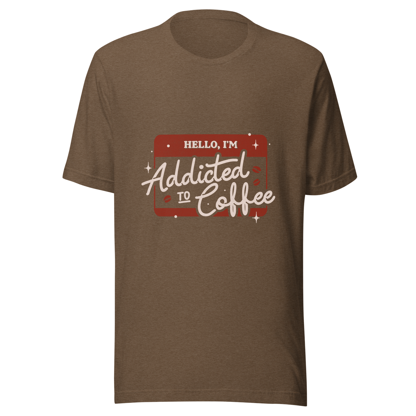 A vintage badge in shades of red with the phrase "Hello, I'm Addicted to 
Coffee" in stylized typography. This design celebrates the passion for coffee 
with a touch of humor. Perfect for coffee lovers, baristas, and everyone who only functions after the first cup.