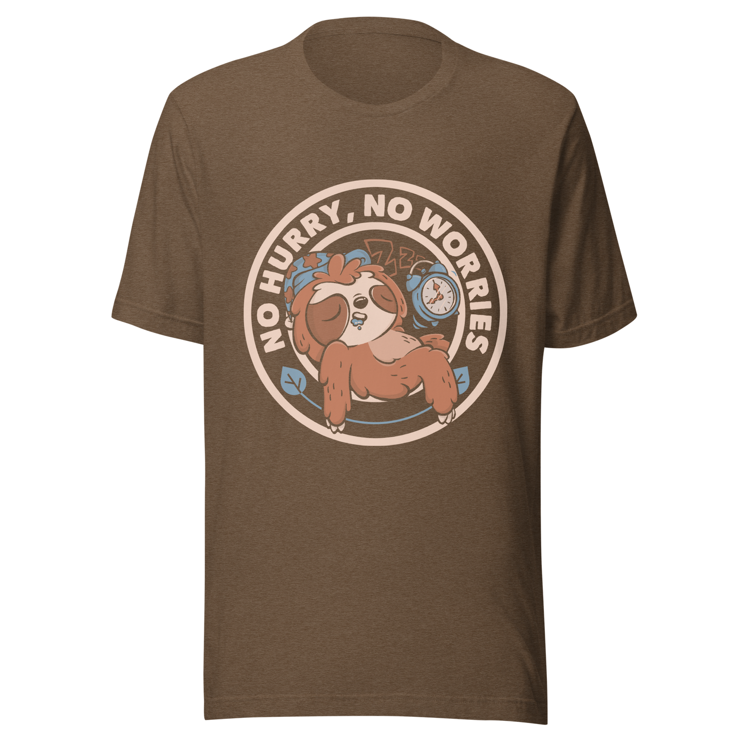 This cute artwork features a sleepy sloth wearing a sleeping cap with an alarm clock next to it and the phrase "no hurry, no worries" around it. This design celebrates the pleasure of slowing down and living without haste. Perfect for those who love light vibes, lazy humor, and prints that embrace a tired soul.