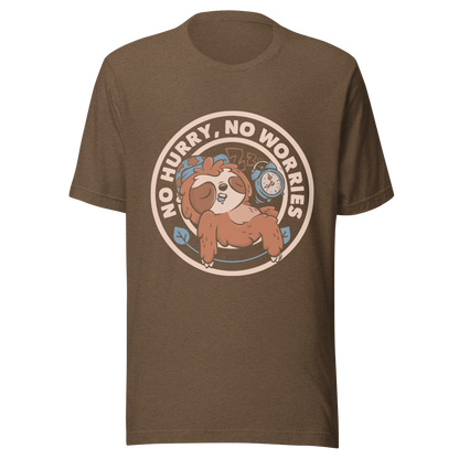 This cute artwork features a sleepy sloth wearing a sleeping cap with an alarm clock next to it and the phrase "no hurry, no worries" around it. This design celebrates the pleasure of slowing down and living without haste. Perfect for those who love light vibes, lazy humor, and prints that embrace a tired soul.