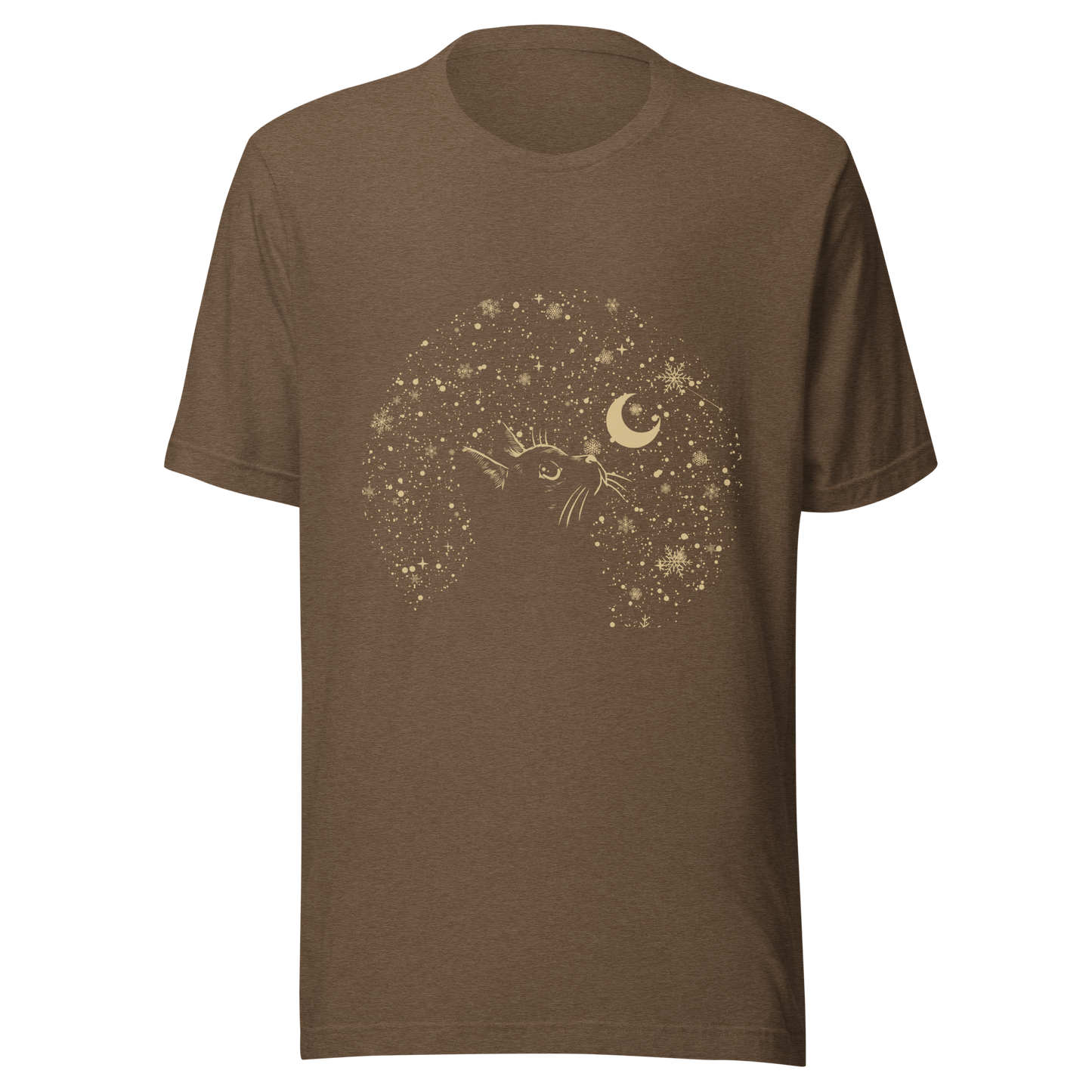 A minimalist artwork featuring a kitten in profile, gazing at the crescent moon on a quiet, moonlit night. A poetic piece, perfect for those who love cats and a slightly melancholic winter atmosphere.