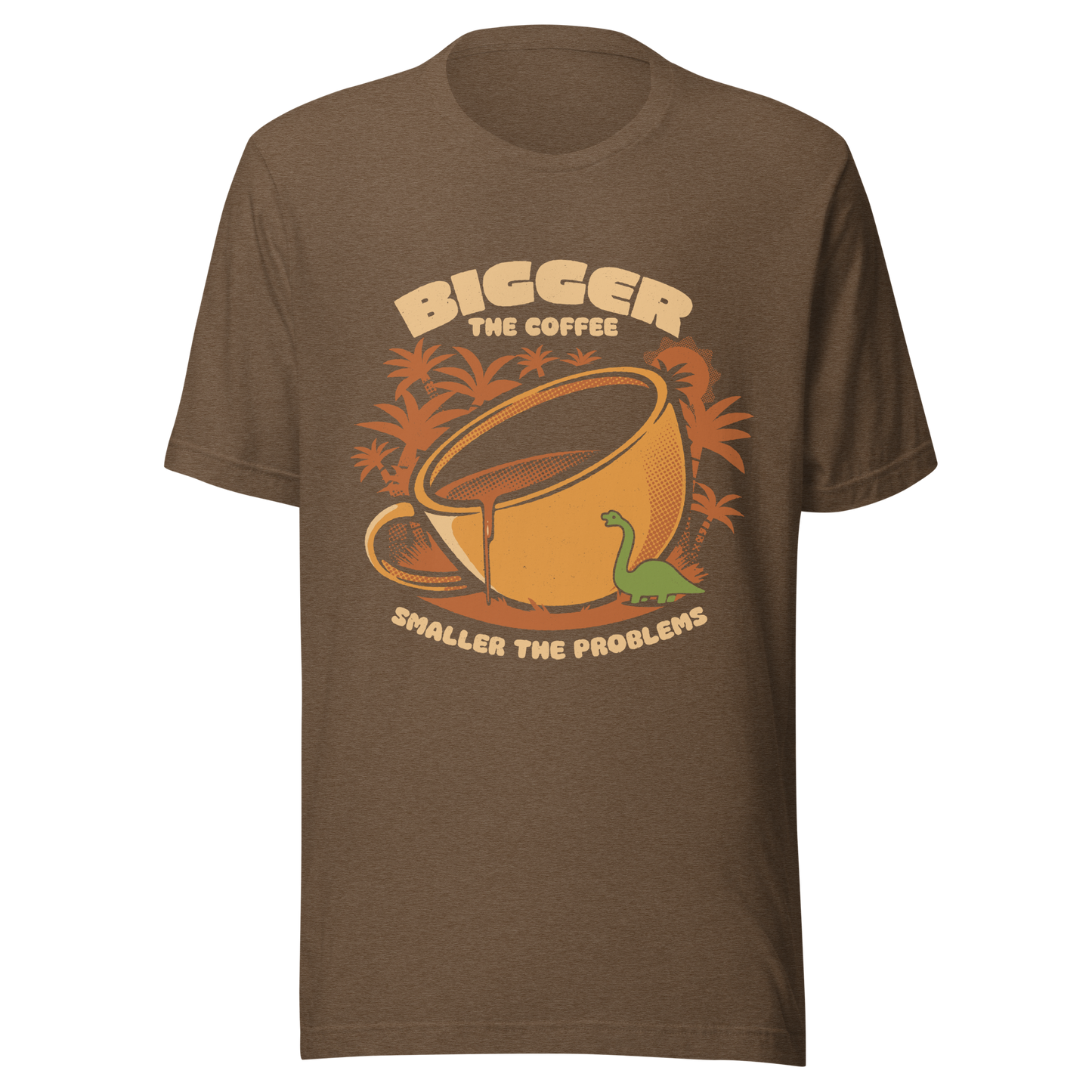 A giant retro-style coffee cup, with a little dinosaur strolling around and palm trees in the background. This design plays on the phrase "Bigger the coffee, smaller the problems," creating a cute and humorous scene about morning survival. Perfect for coffee lovers, dinosaur fans, and those who enjoy fun art.