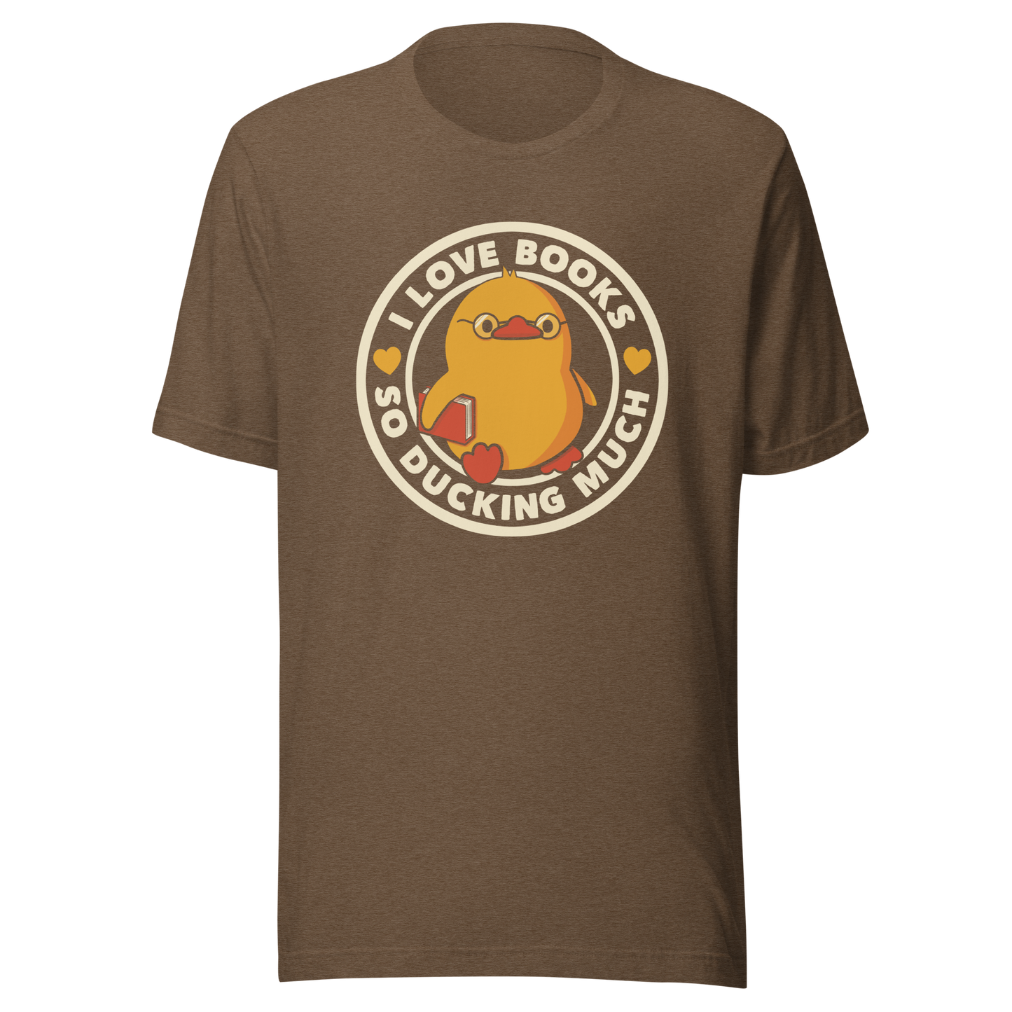 A cute yellow duckling with glasses and holding a book, around it the phrase "II Love Books So Ducking Much". A perfect gift for anyone who loves ducks and books.