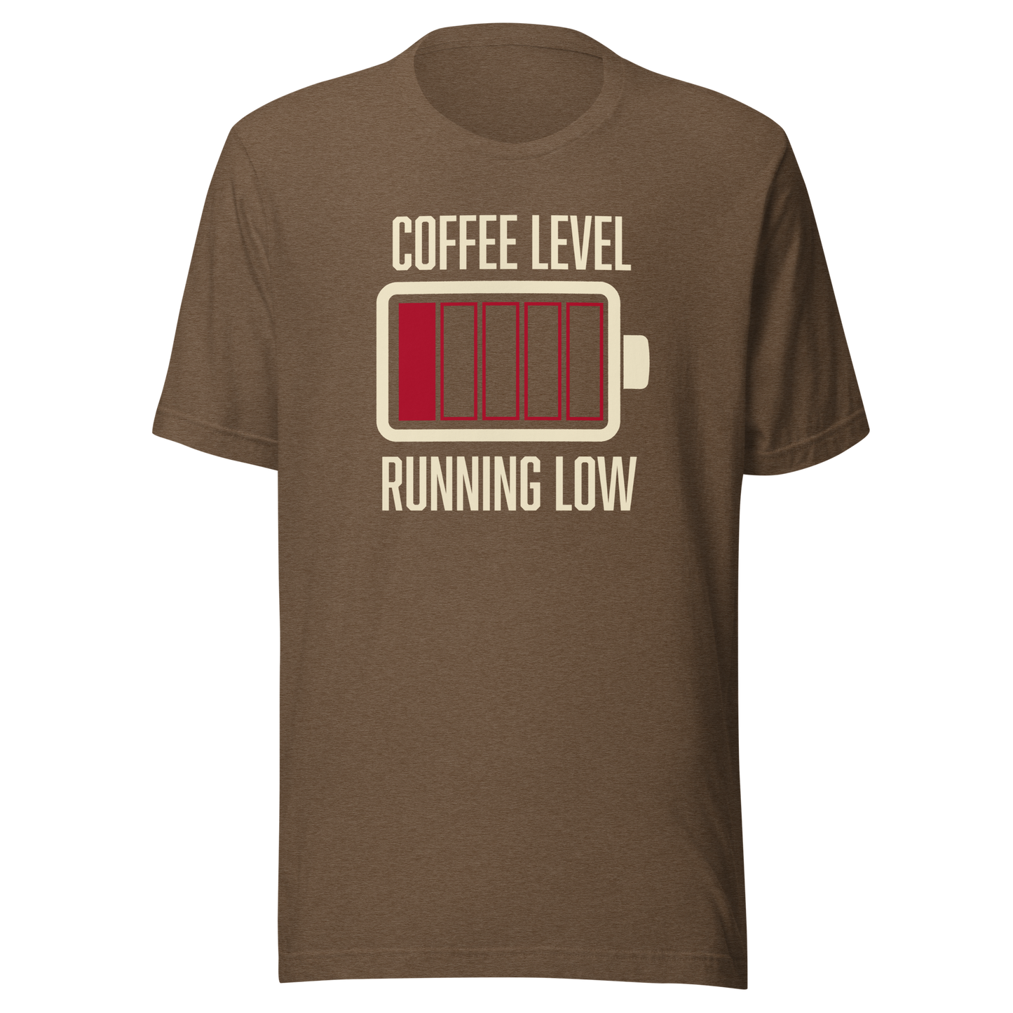 A minimalist artwork featuring a nearly empty battery indicator paired with the phrase ‘Coffee Level Running Low.’ A witty and relatable design for coffee lovers, caffeine addicts, office workers, students, and anyone who runs on coffee to get through the day.