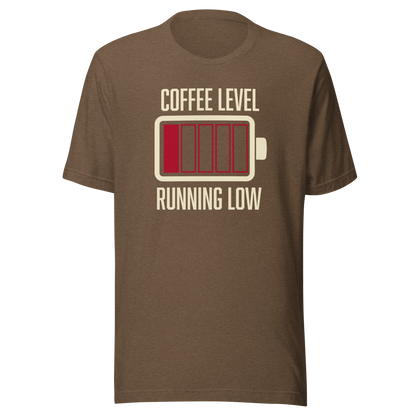 A minimalist artwork featuring a nearly empty battery indicator paired with the phrase ‘Coffee Level Running Low.’ A witty and relatable design for coffee lovers, caffeine addicts, office workers, students, and anyone who runs on coffee to get through the day.