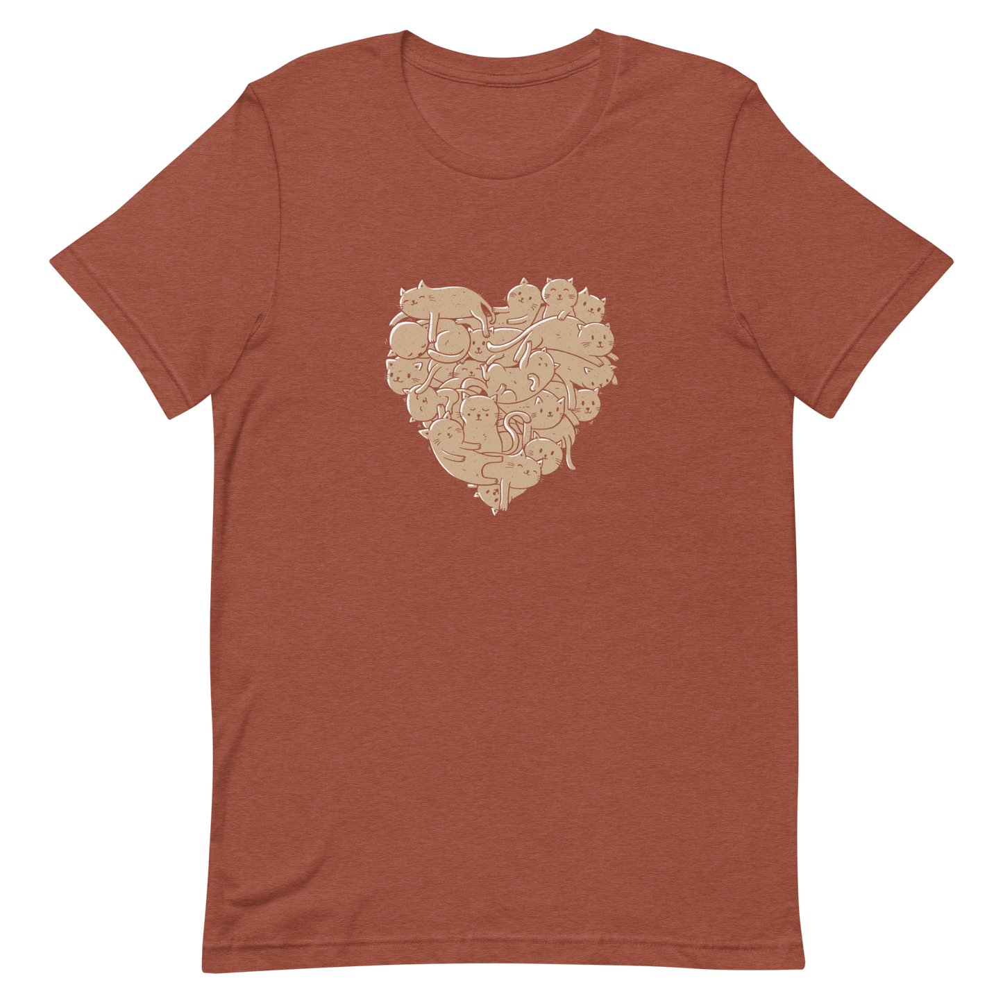 The image showcases an anatomical heart shape filled with numerous small, simple, and cute cartoon-like cat illustrations in a light brown tone. The overall style is whimsical and playful, combining elements of illustration and pop culture art.