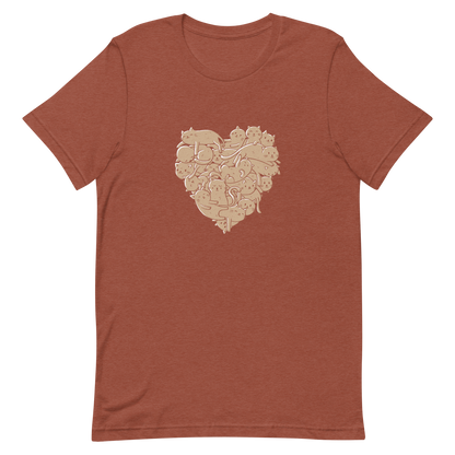 The image showcases an anatomical heart shape filled with numerous small, simple, and cute cartoon-like cat illustrations in a light brown tone. The overall style is whimsical and playful, combining elements of illustration and pop culture art.