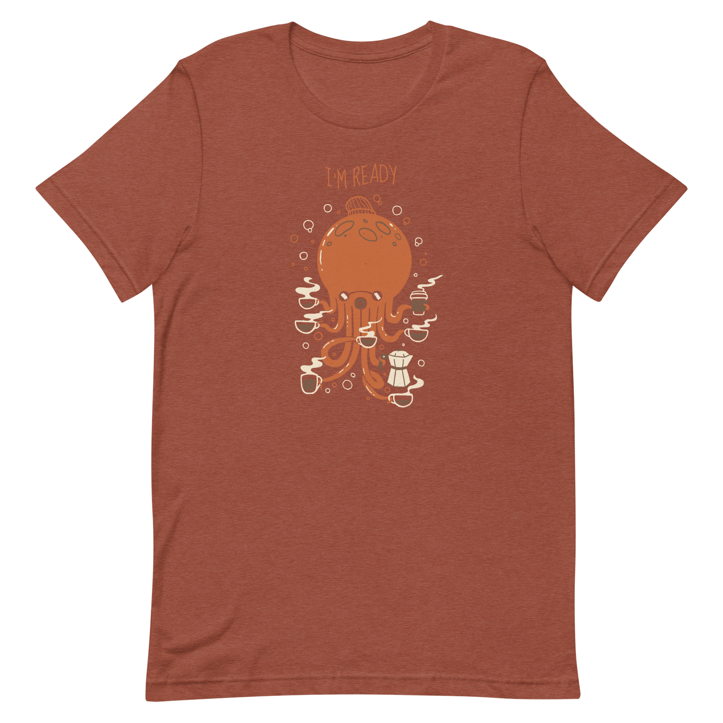 An orange octopus wearing a cap, balancing several cups of steaming coffee on its tentacles. This design blends the marine world with a passion for coffee, creating a fun and energetic scene. Ideal for coffee lovers, fans of funny illustrations, and anyone who needs a stylish morning pick-me-up.