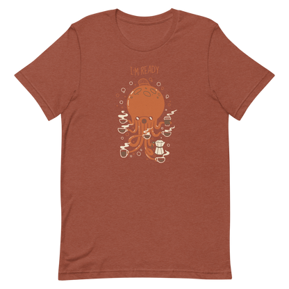 An orange octopus wearing a cap, balancing several cups of steaming coffee on its tentacles. This design blends the marine world with a passion for coffee, creating a fun and energetic scene. Ideal for coffee lovers, fans of funny illustrations, and anyone who needs a stylish morning pick-me-up.