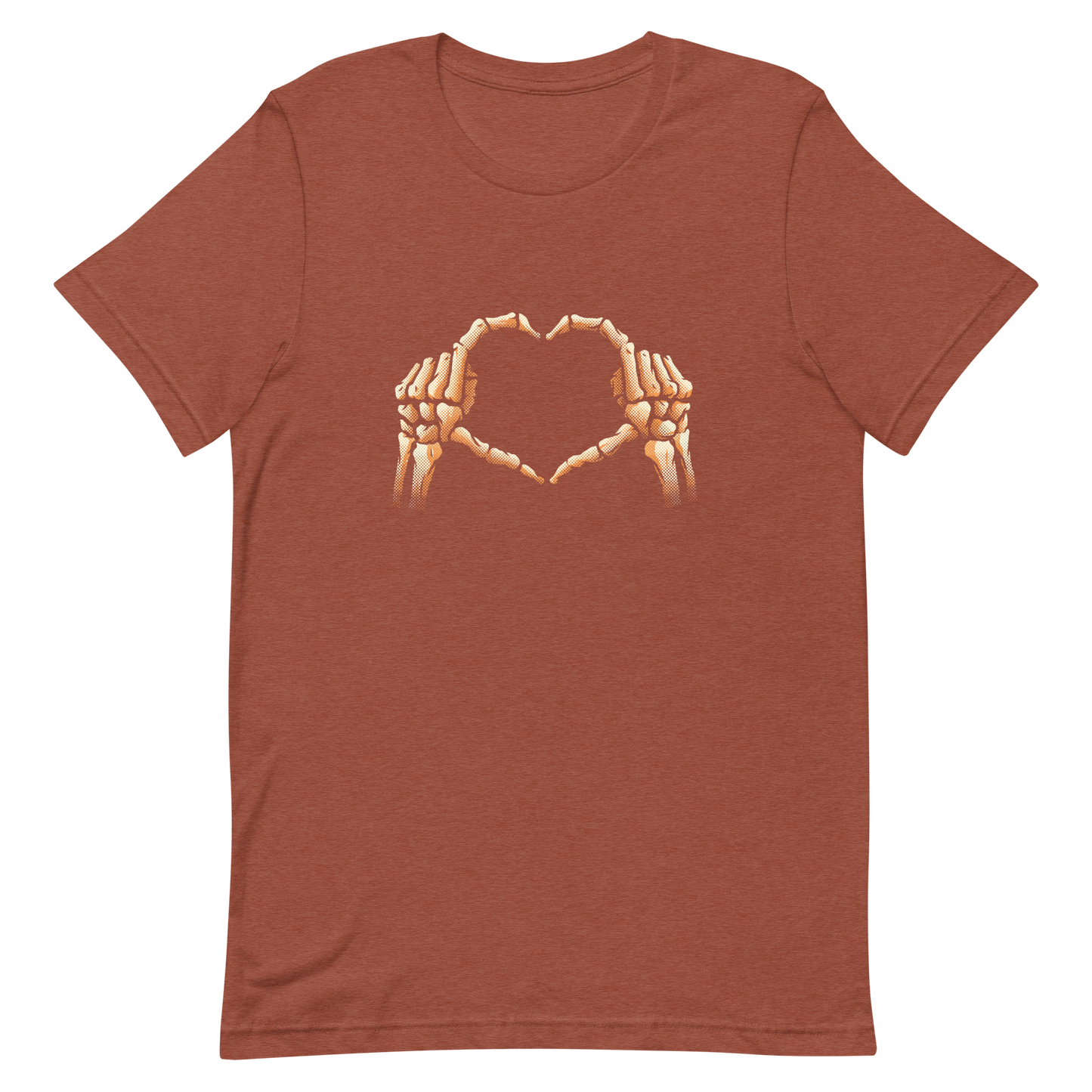 Two skeleton hands forming a heart with their fingers, an art that combines humor with love and is perfect for those who love Halloween.
