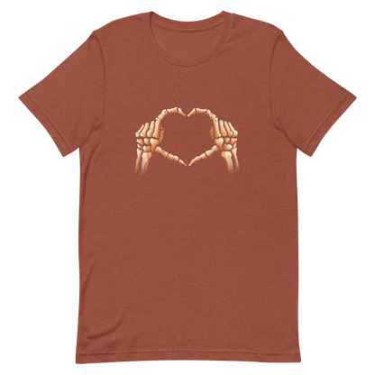 Two skeleton hands forming a heart with their fingers, an art that combines humor with love and is perfect for those who love Halloween.
