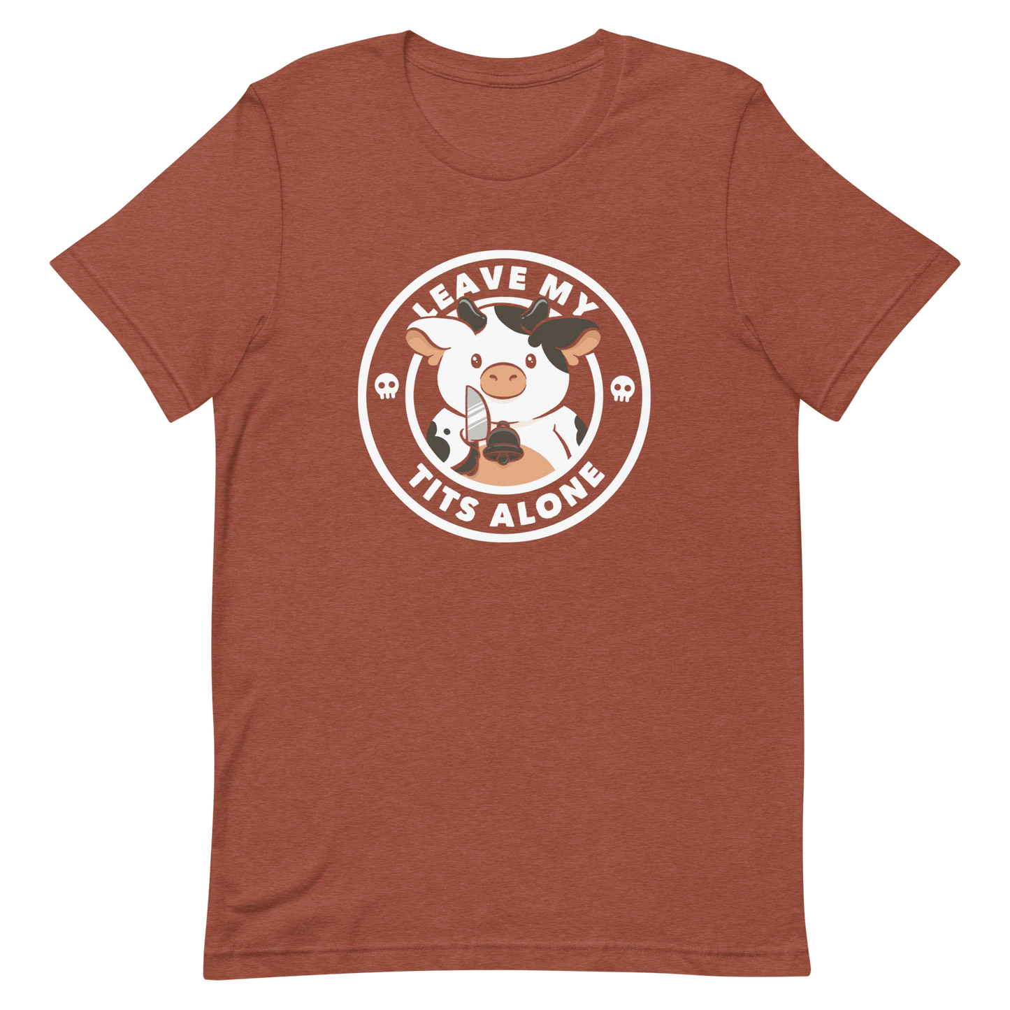 A quirky stamp-style design featuring a cute spotted cow holding a knife with the phrase “Leave My Tits Alone.” It mixes humor, attitude, and a playful call for animal respect. Perfect for cow lovers, fans of sassy humor, and anyone who supports animal rights.
