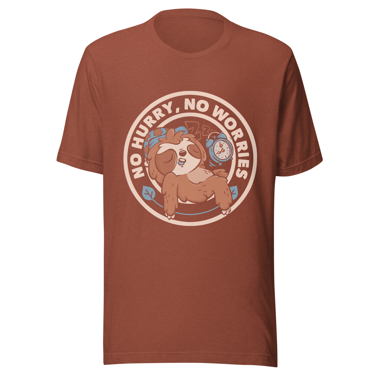 This cute artwork features a sleepy sloth wearing a sleeping cap with an alarm clock next to it and the phrase "no hurry, no worries" around it. This design celebrates the pleasure of slowing down and living without haste. Perfect for those who love light vibes, lazy humor, and prints that embrace a tired soul.