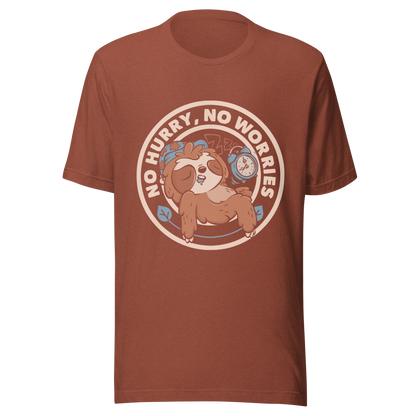 This cute artwork features a sleepy sloth wearing a sleeping cap with an alarm clock next to it and the phrase "no hurry, no worries" around it. This design celebrates the pleasure of slowing down and living without haste. Perfect for those who love light vibes, lazy humor, and prints that embrace a tired soul.