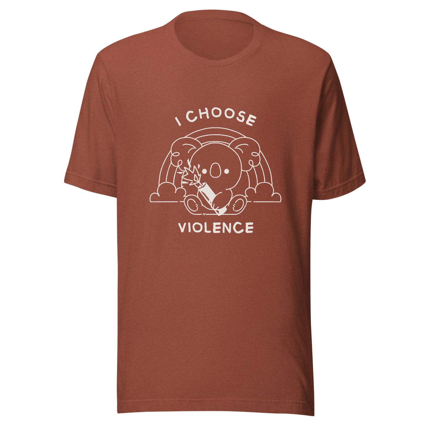 An adorable koala holding a stick of dynamite in front of a rainbow, paired with the phrase ‘I Choose Violence’. A playful mix of cuteness and dark irony, perfect for anyone who loves chaotic humor and bold, irreverent designs.