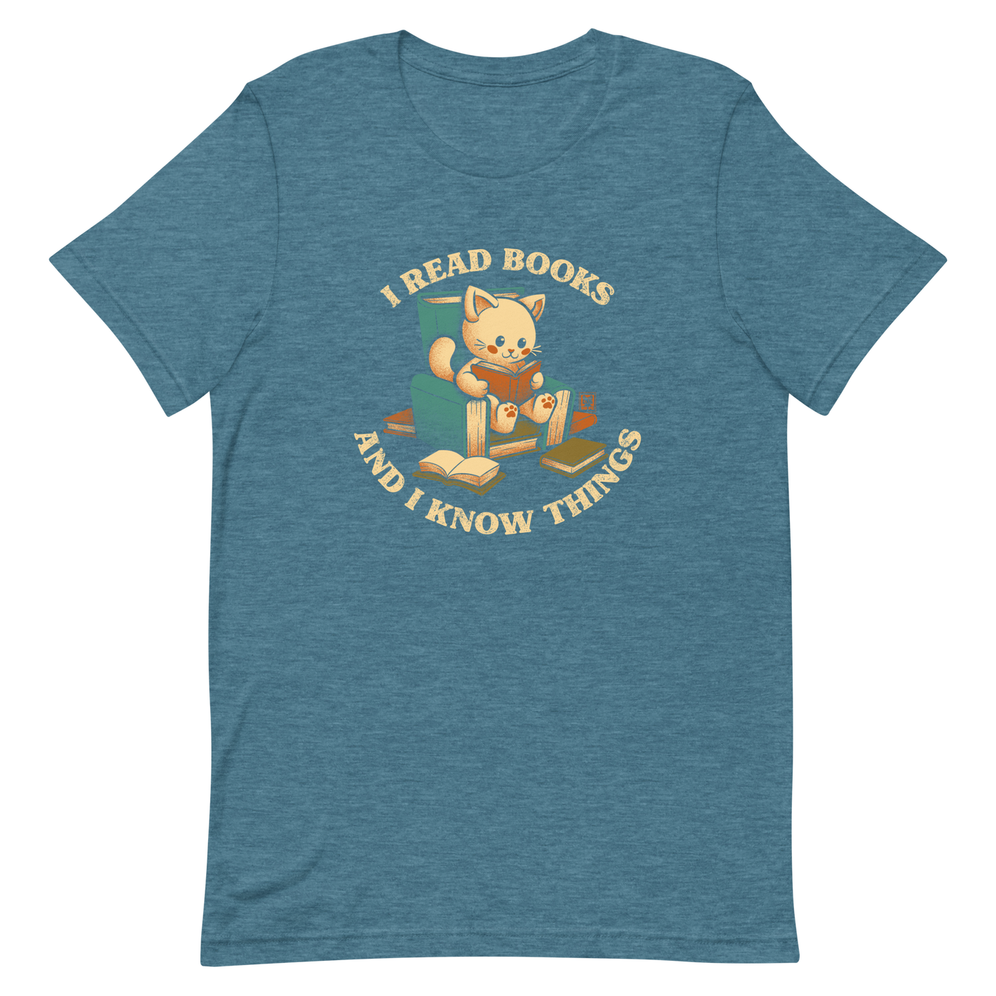 An adorable cat is sitting on a stack of books encircled by the sentence "I READ BOOKS AND I KNOW THINGS". Perfect for book lovers, this design combines wit and cuteness, making it a great choice for those who love reading and cats.