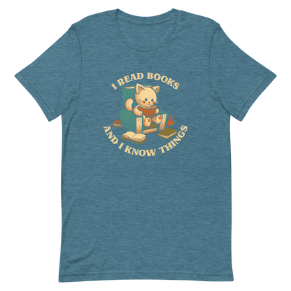 An adorable cat is sitting on a stack of books encircled by the sentence "I READ BOOKS AND I KNOW THINGS". Perfect for book lovers, this design combines wit and cuteness, making it a great choice for those who love reading and cats.