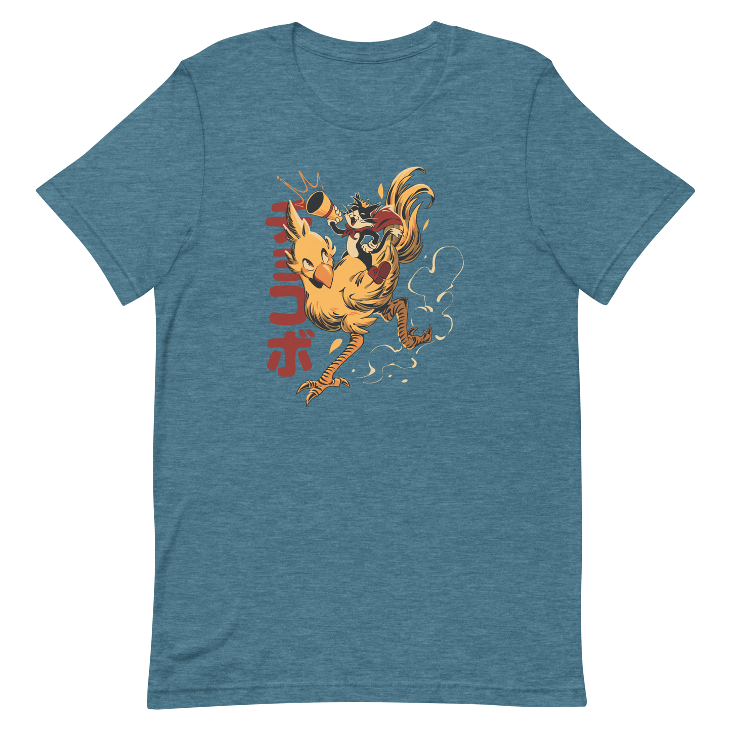 A stylized cartoon illustration of a confident cat wearing a cape and crown while riding a large yellow bird at full speed, with dynamic motion lines and Japanese writing in the background.