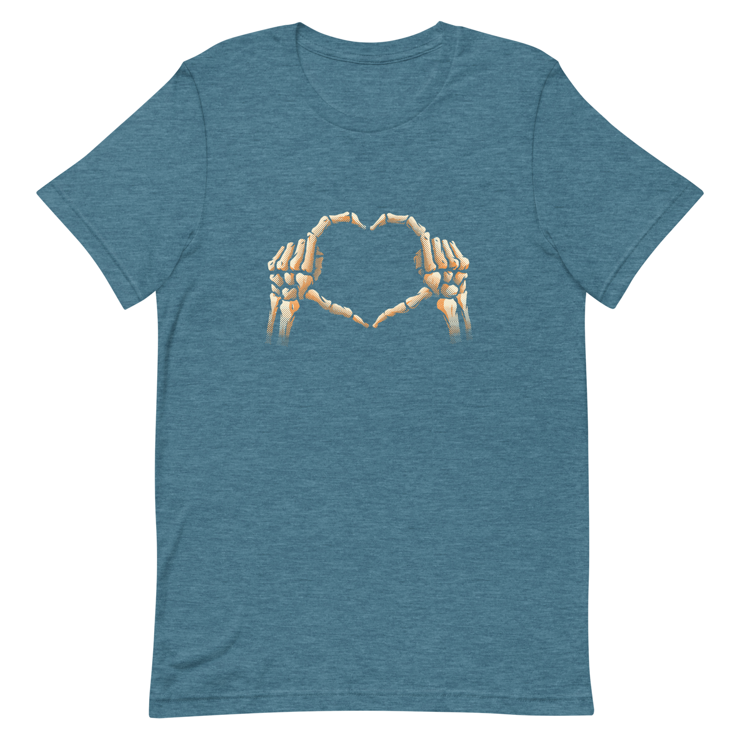 Two skeleton hands forming a heart with their fingers, an art that combines humor with love and is perfect for those who love Halloween.