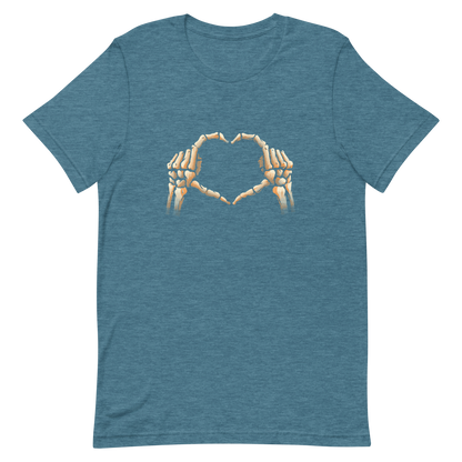 Two skeleton hands forming a heart with their fingers, an art that combines humor with love and is perfect for those who love Halloween.