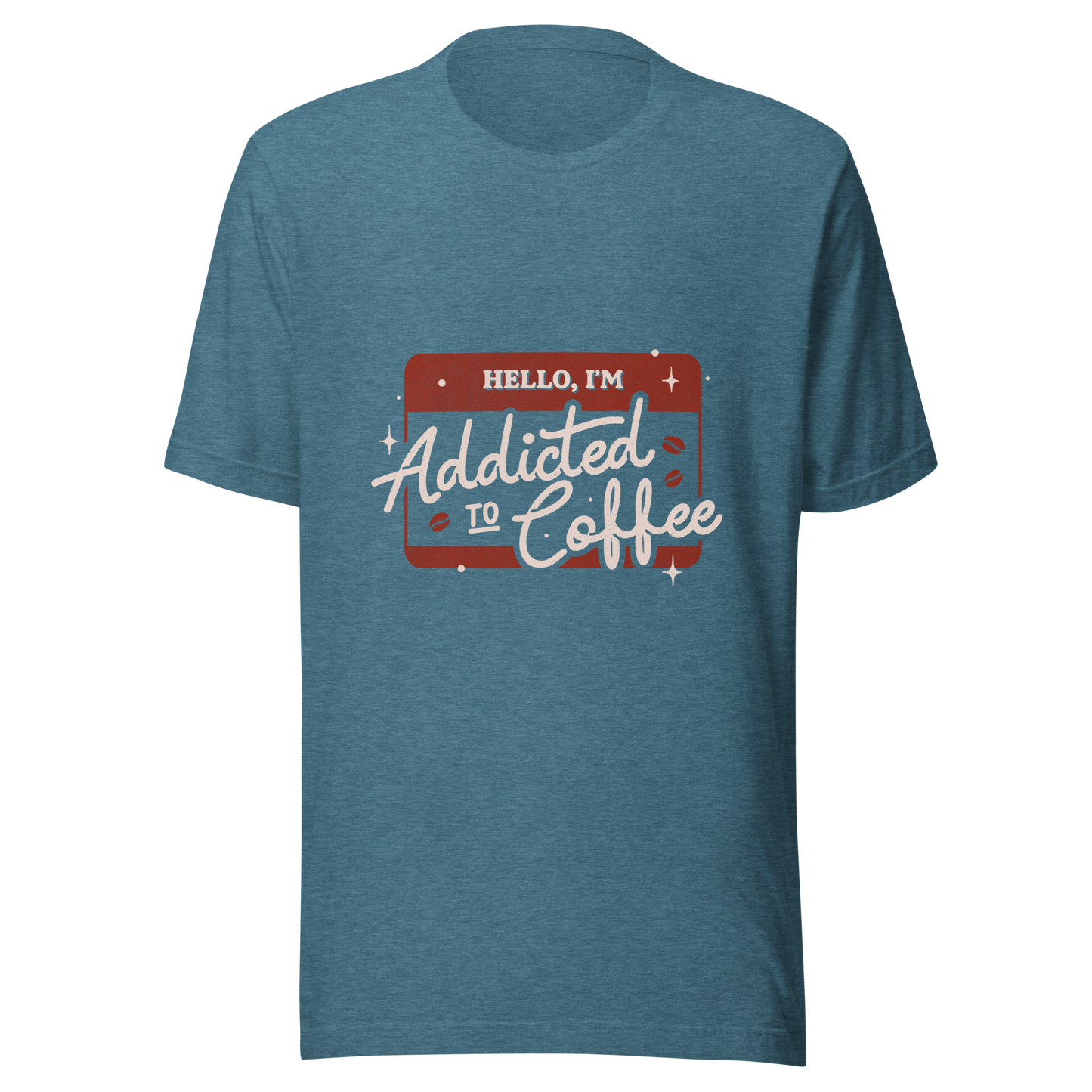 A vintage badge in shades of red with the phrase "Hello, I'm Addicted to 
Coffee" in stylized typography. This design celebrates the passion for coffee 
with a touch of humor. Perfect for coffee lovers, baristas, and everyone who only functions after the first cup.