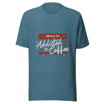 A vintage badge in shades of red with the phrase "Hello, I'm Addicted to 
Coffee" in stylized typography. This design celebrates the passion for coffee 
with a touch of humor. Perfect for coffee lovers, baristas, and everyone who only functions after the first cup.