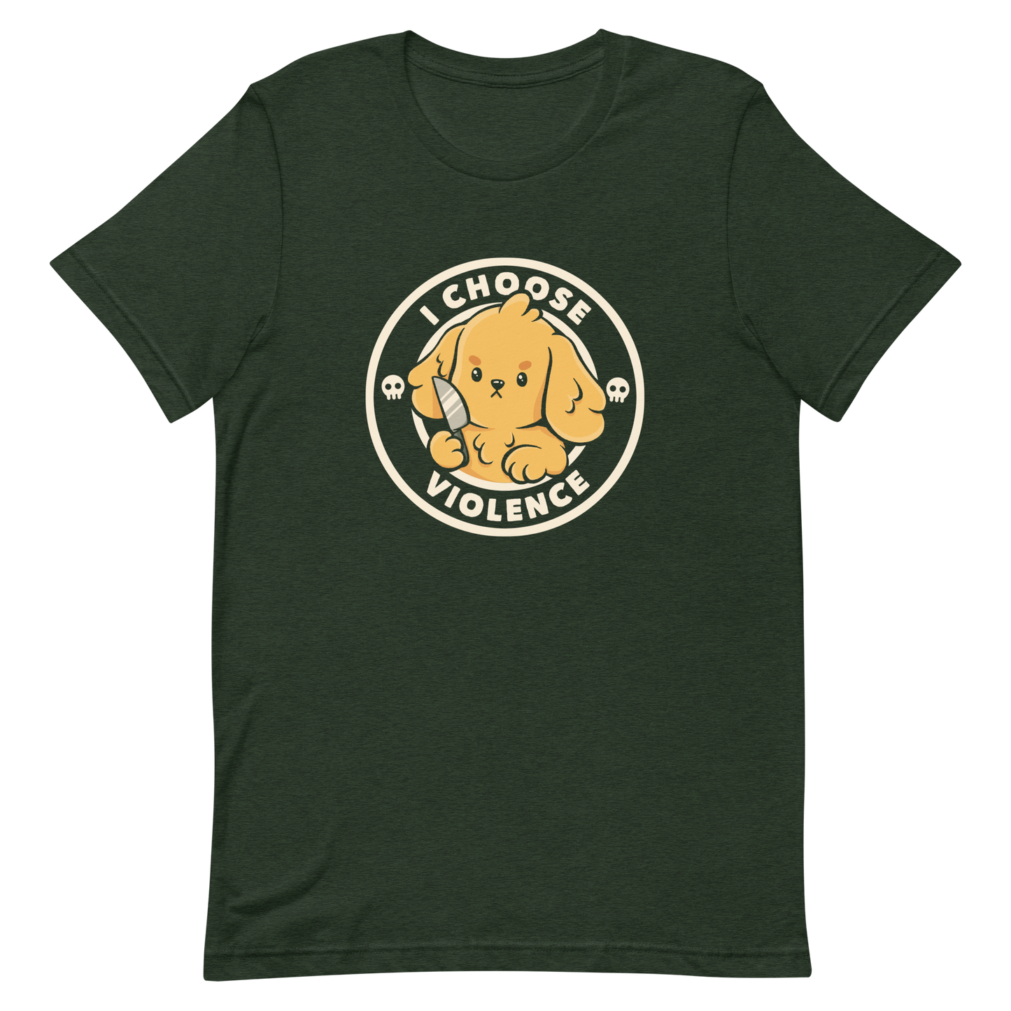 A cute yellow cartoon dog holds a small knife, surrounded by a circular logo that reads 'I Choose Violence'. The dog's expression is serious, yet the overall style is playful and cute. Two small skull icons are on either side, adding an ironic tone to the cheerful design.