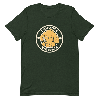 A cute yellow cartoon dog holds a small knife, surrounded by a circular logo that reads 'I Choose Violence'. The dog's expression is serious, yet the overall style is playful and cute. Two small skull icons are on either side, adding an ironic tone to the cheerful design.