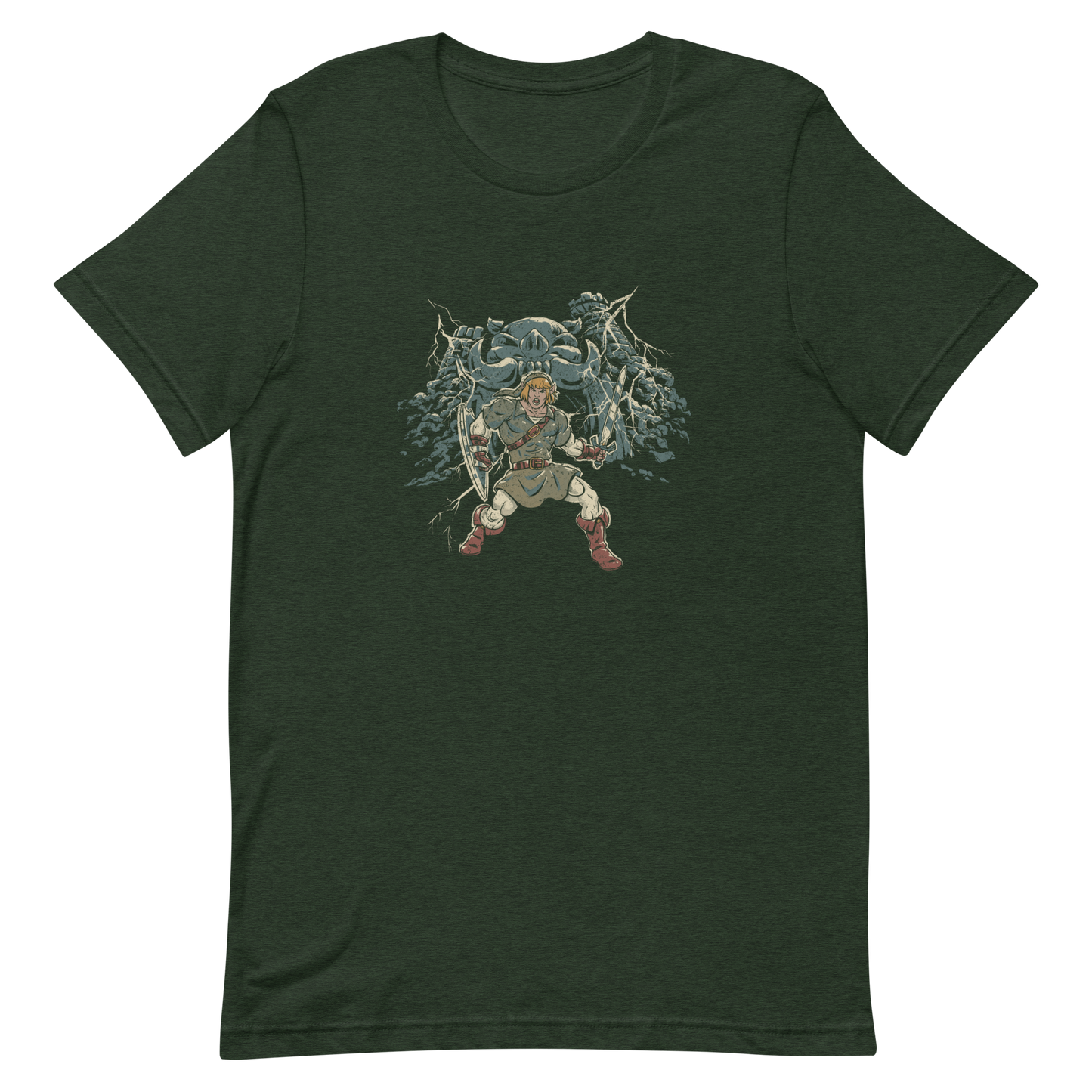 A fierce warrior stands with sword and shield, lightning cracking behind him as he screams in defiance — mixing classic fantasy aesthetics with retro game frustration.