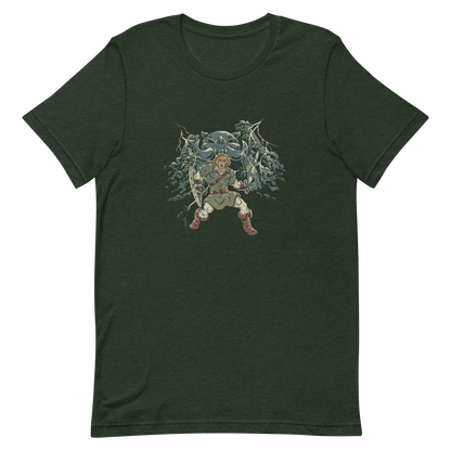 A fierce warrior stands with sword and shield, lightning cracking behind him as he screams in defiance — mixing classic fantasy aesthetics with retro game frustration.