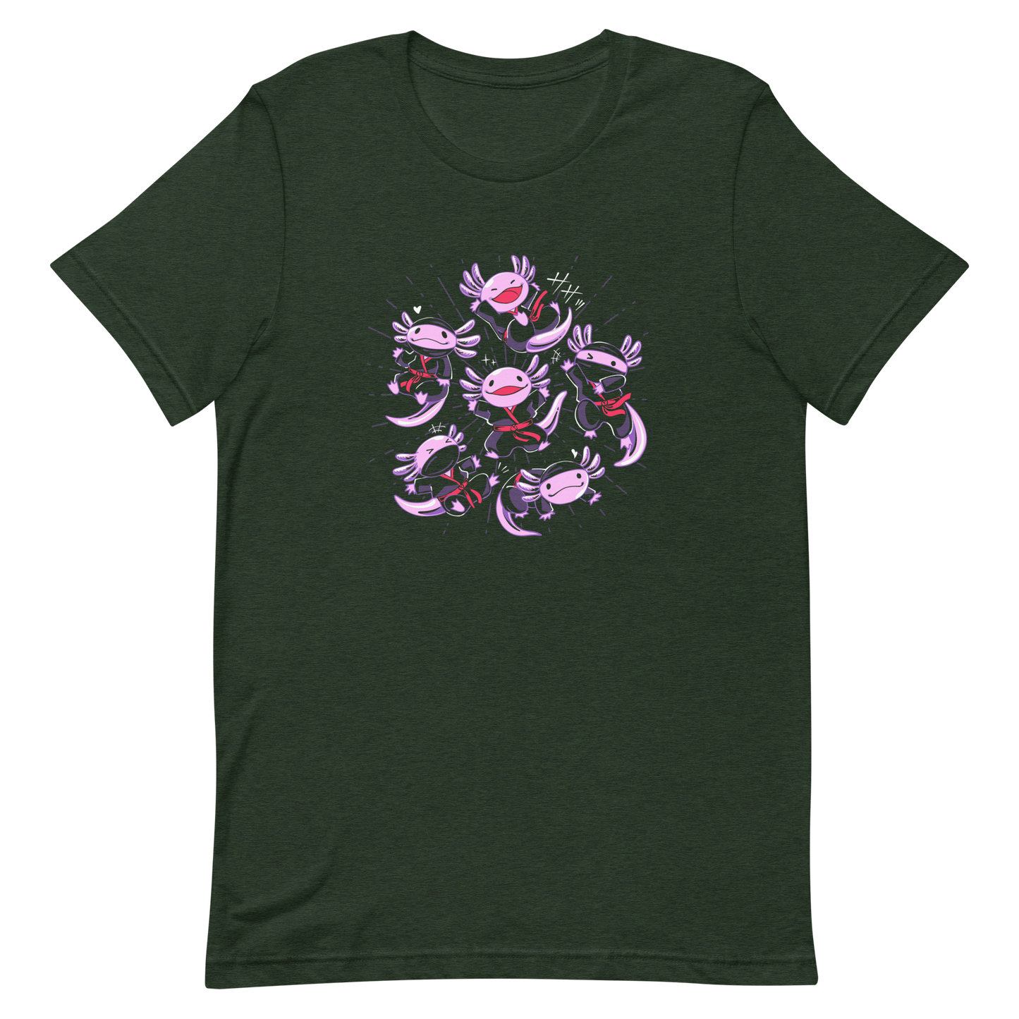 Several axolotls dressed as ninjas, each in different, energetic poses. This design combines cuteness and martial arts in a fun and unique scene. Ideal for axolotl fans, Japanese culture lovers, and those who enjoy fun and original prints.