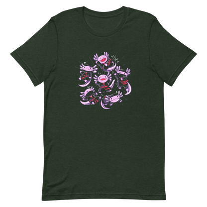 Several axolotls dressed as ninjas, each in different, energetic poses. This design combines cuteness and martial arts in a fun and unique scene. Ideal for axolotl fans, Japanese culture lovers, and those who enjoy fun and original prints.