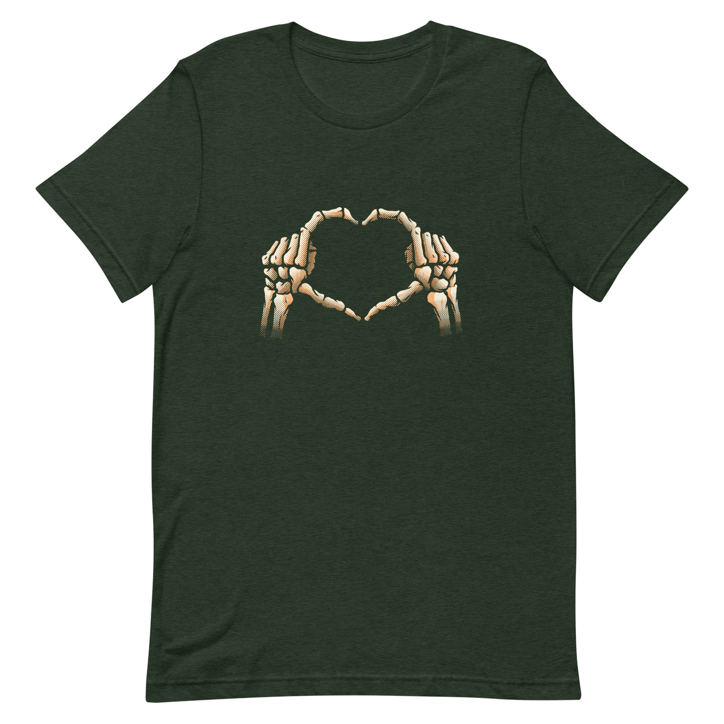 Two skeleton hands forming a heart with their fingers, an art that combines humor with love and is perfect for those who love Halloween.