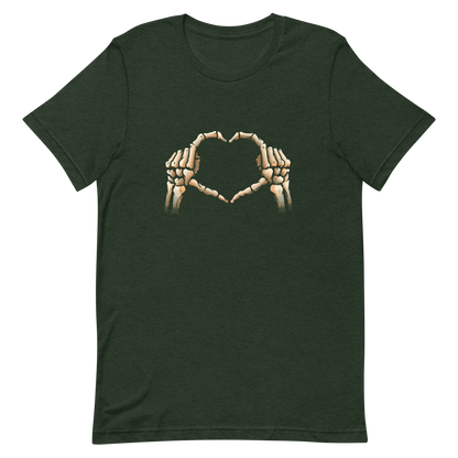 Two skeleton hands forming a heart with their fingers, an art that combines humor with love and is perfect for those who love Halloween.