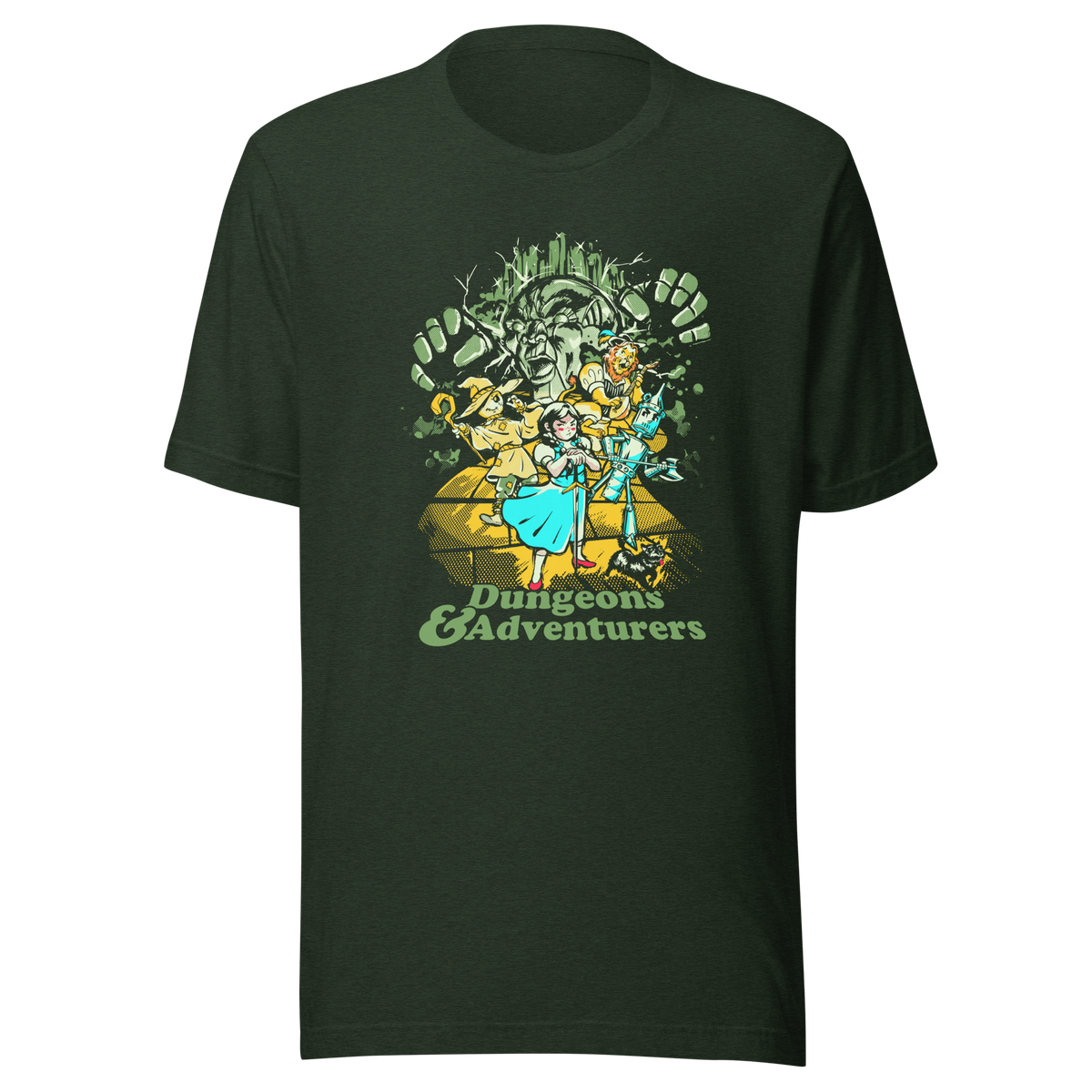 Fantasy-inspired adventure design featuring classic storybook characters on a dungeon quest. Retro comic style artwork with dark fantasy elements and vintage textures.