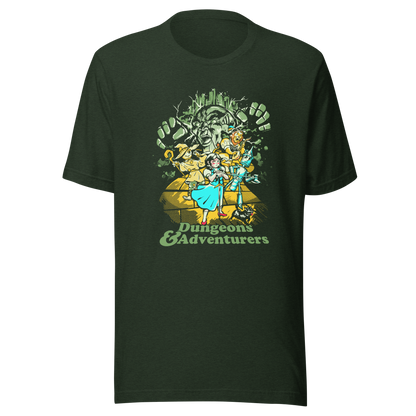 Fantasy-inspired adventure design featuring classic storybook characters on a dungeon quest. Retro comic style artwork with dark fantasy elements and vintage textures.