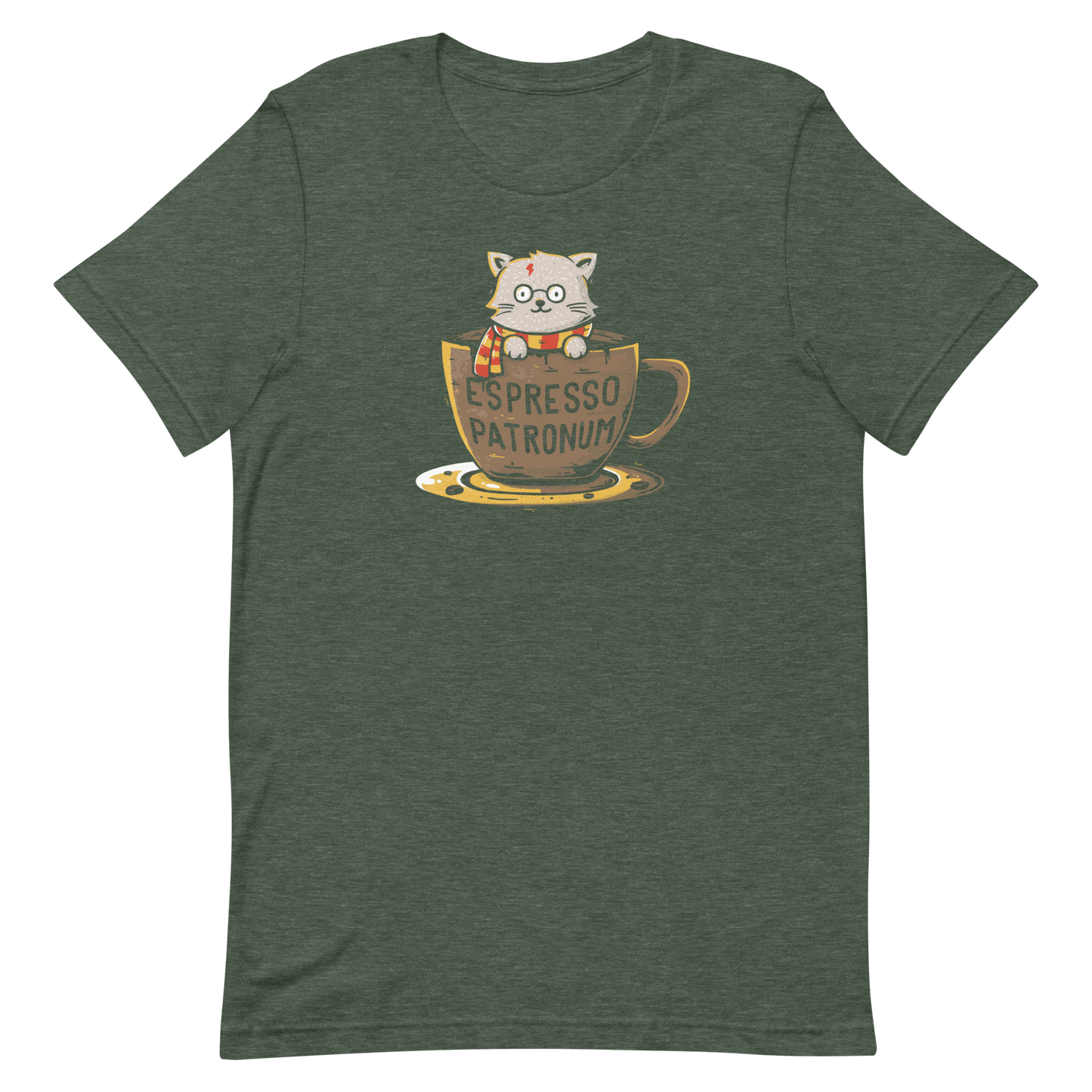 This design features an adorable cartoon cat with glasses and a lightning-shaped scar, wearing a striped scarf, sitting inside a large coffee cup. The cup has the humorous phrase 'Espresso Patronum' printed on it. The overall style is whimsical and playful, blending cute and nerdy elements. The cat appears to be a parody of a popular fictional character associated with magic and wizardry.