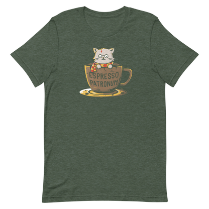 This design features an adorable cartoon cat with glasses and a lightning-shaped scar, wearing a striped scarf, sitting inside a large coffee cup. The cup has the humorous phrase 'Espresso Patronum' printed on it. The overall style is whimsical and playful, blending cute and nerdy elements. The cat appears to be a parody of a popular fictional character associated with magic and wizardry.
